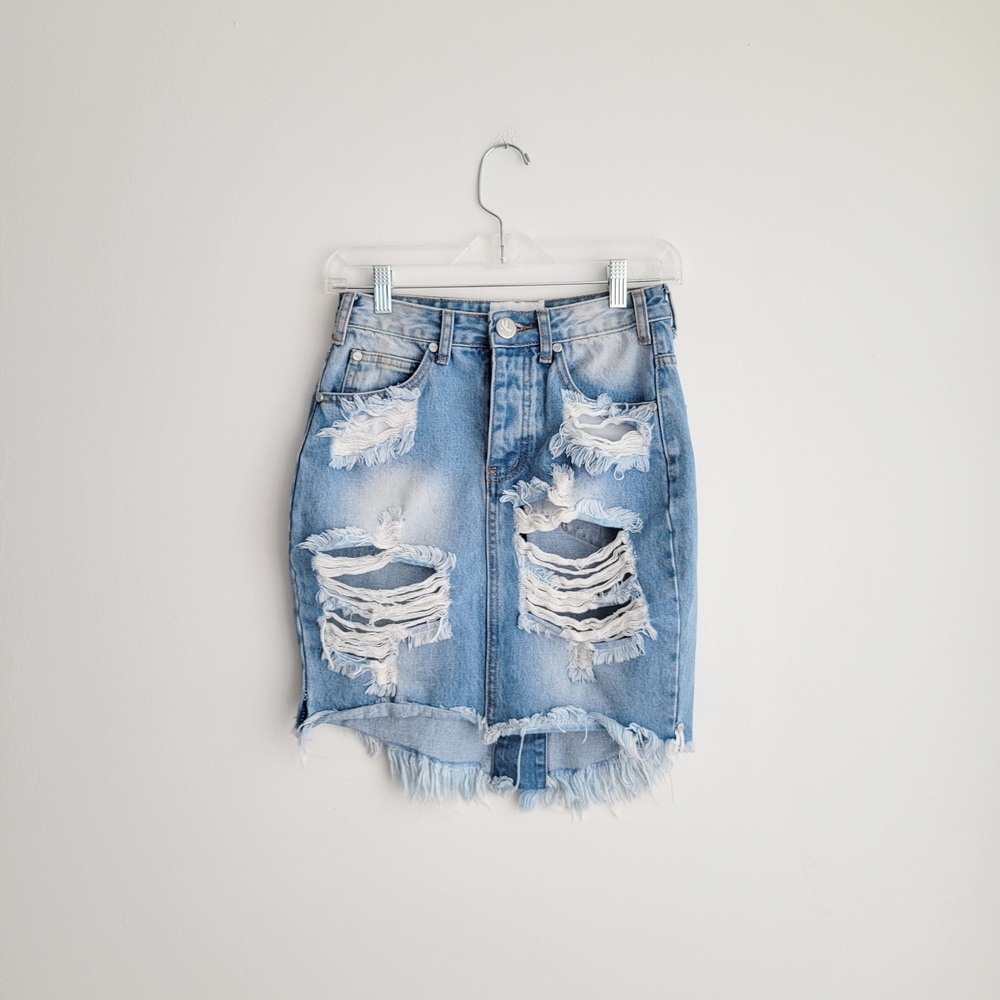 ONE by One Teaspoon Acid Distressed Light Blue Denim Pencil Skirt